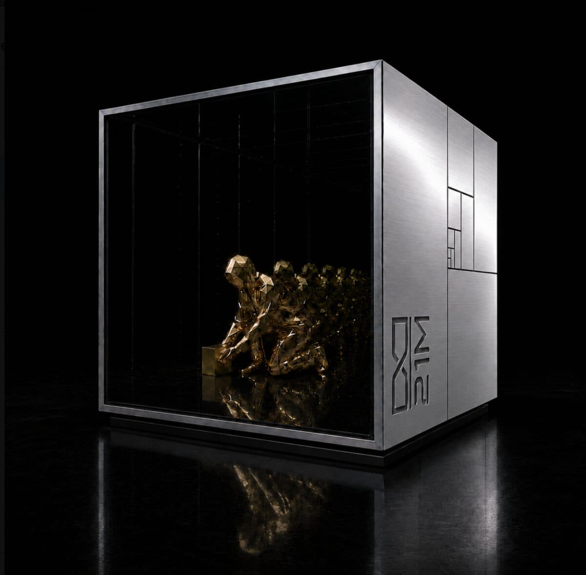 Render del monumento: cubo de acero y vidrio con una figura dorada adentro